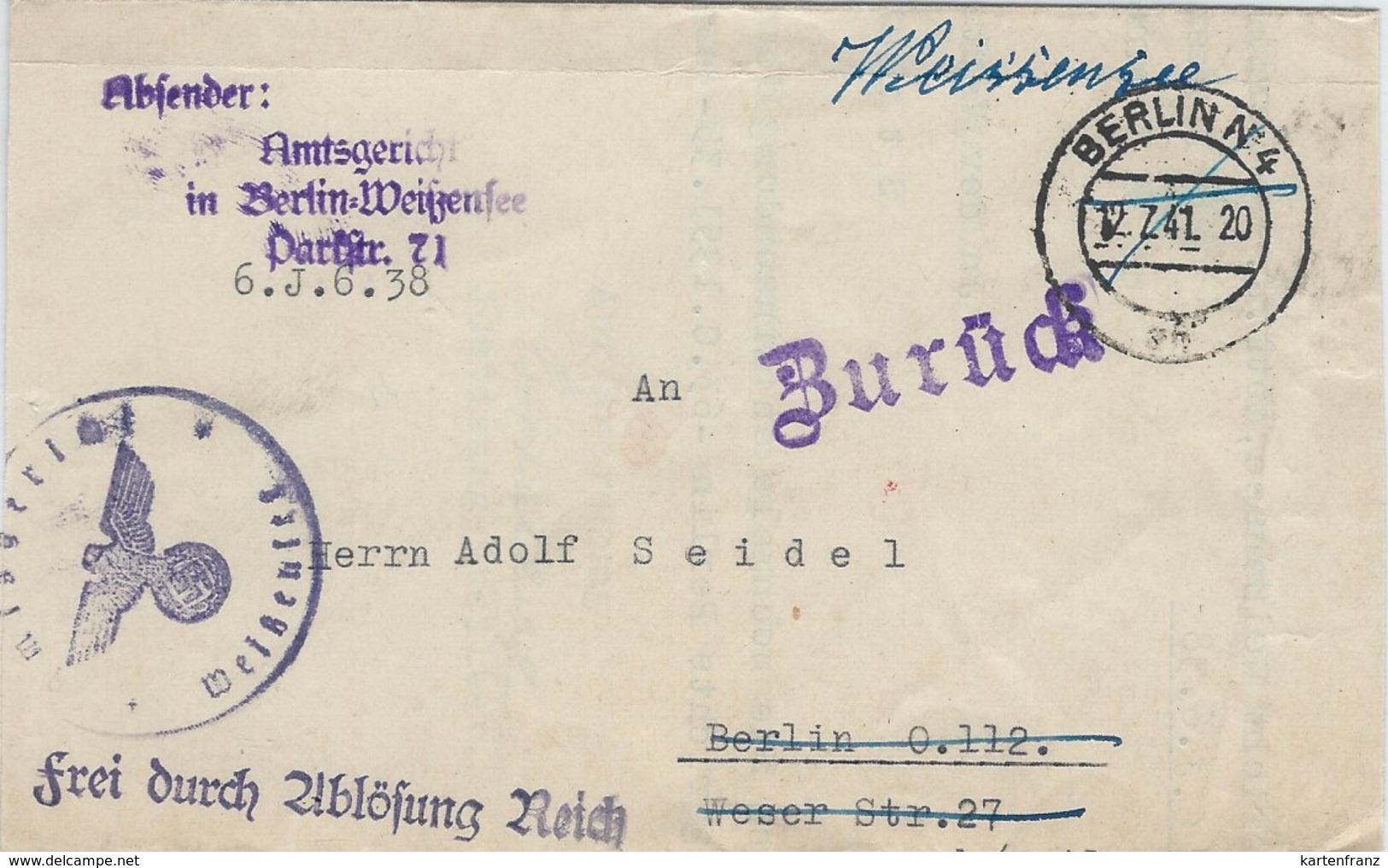 Beleg Brief DR Deutsches Reich - O 1941 Amtsgericht Weissensee - Zurück ! Nicht Ermittelt ! - Siegelmarke Siegel - Lettres & Documents