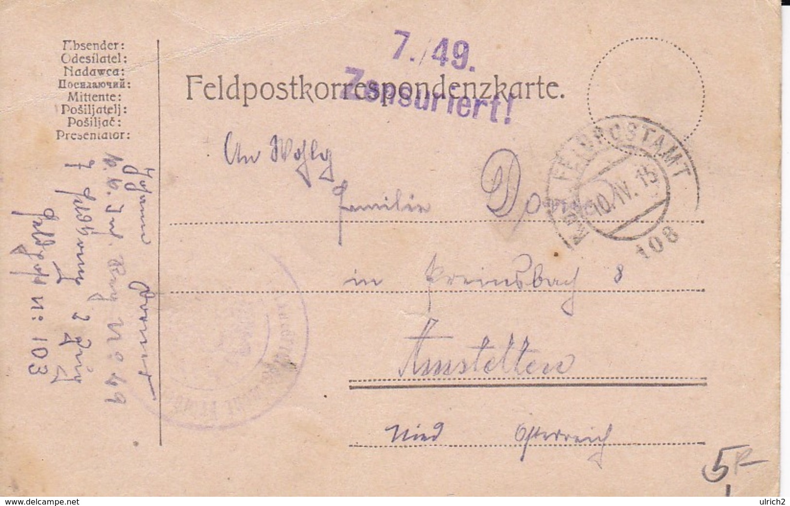 Feldpostkarte K.k. Inf. Reg. No. 49 - Zensuriert - 1915 (35501) - Briefe U. Dokumente