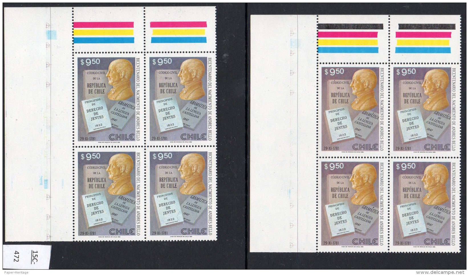 Chile 1981 Andrew Bello &amp; Books Literature: Both Printings Of The 9p50 In MNH Blocks/4 &ndash; See Text. - Chile