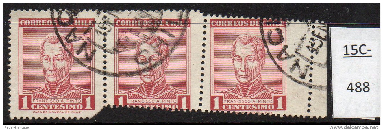 Chile 1960 1c Pinto Extraordinary Mis-aligned Perforations Strip/3 &ndash; Used !! - Chili