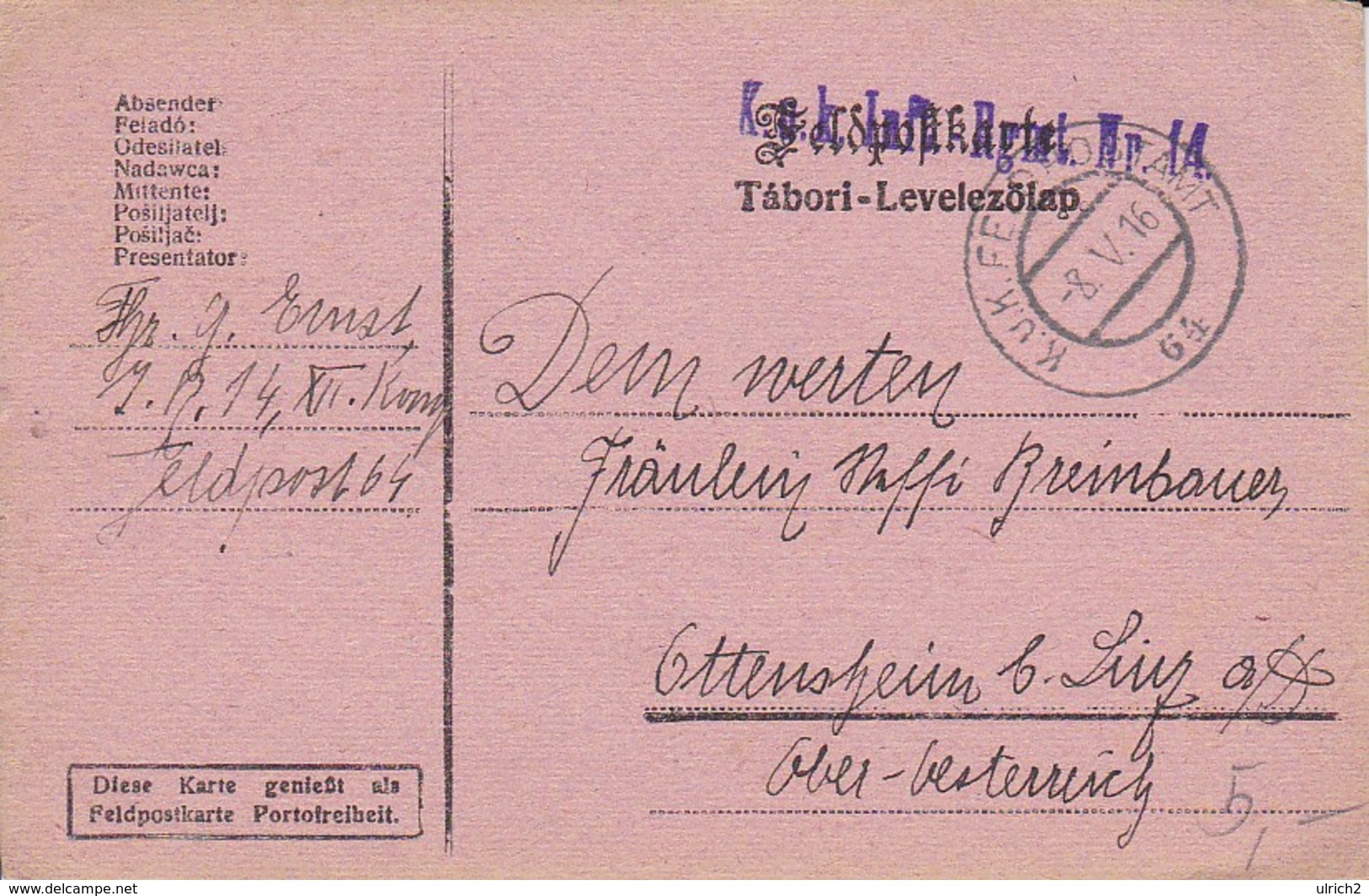 Feldpostkarte K.u.k. Inf. Rgmt. Nr. 14 - 1916 (35511) - Briefe U. Dokumente