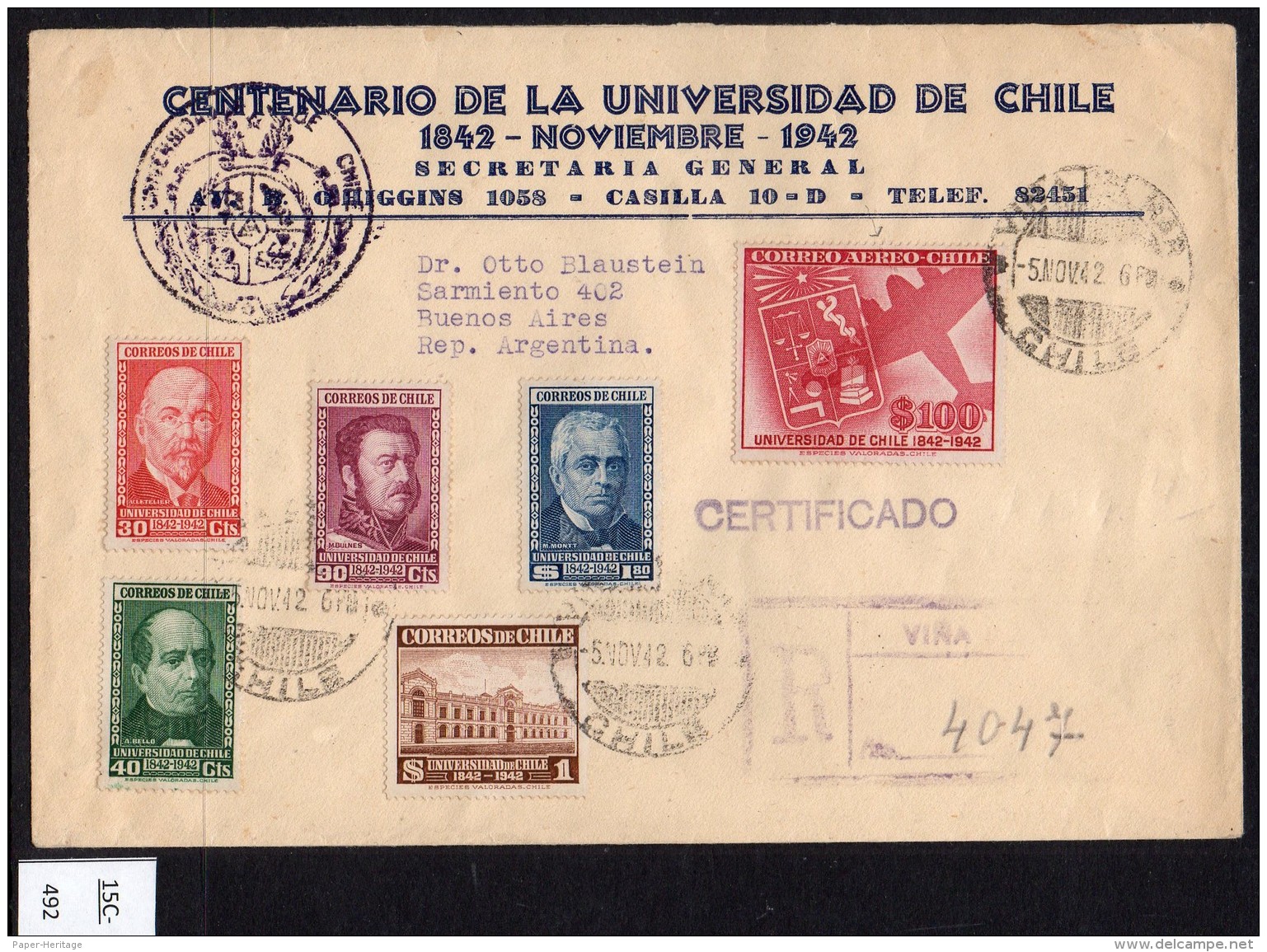 Chile 1942 University Set/6 On Registered First Day Cover Of The 100p Airmail &ndash; See Text. - Chile