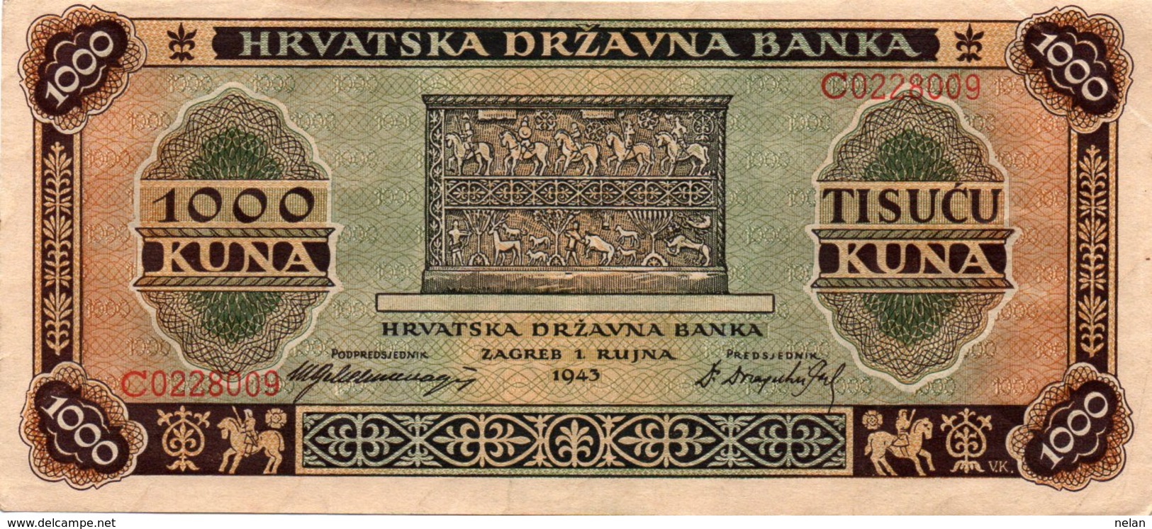 HRVATSKA-CROAZIA 1000 KUNA -1943 P-12  XF+AUNC - Croatia