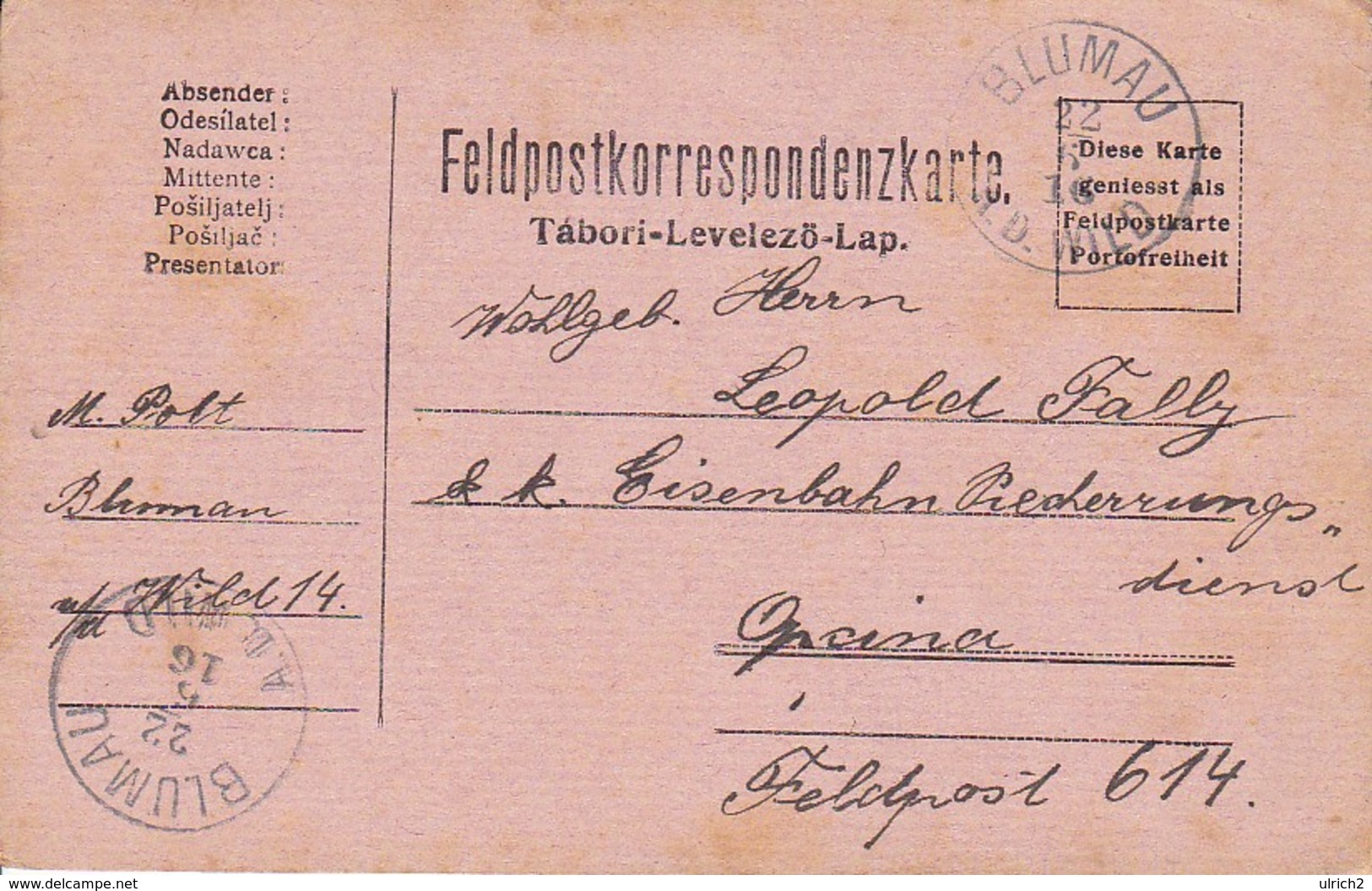 Feldpostkarte - Blumau Nach Opcina K.k. Eisenbahnsicherungs-Kompanie - 1916 (35517) - Briefe U. Dokumente
