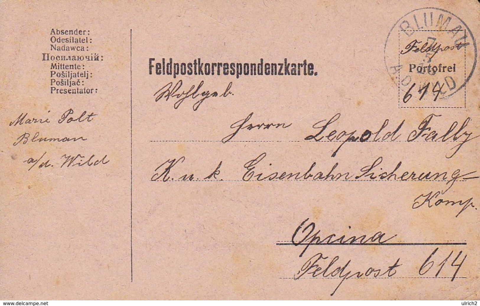 Feldpostkarte - Blumau Nach Opcina K.k. Eisenbahnsicherungs-Kompanie Feldpost 614 - 1916 (35518) - Briefe U. Dokumente