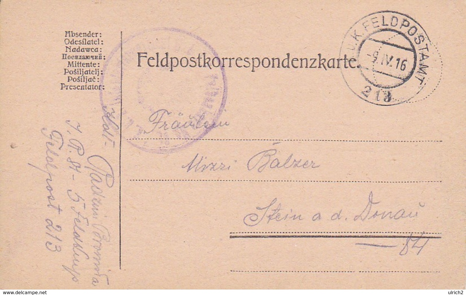 Feldpostkarte - IR 81 Nach Stein An Der Donau - 1916 (35519) - Lettres & Documents