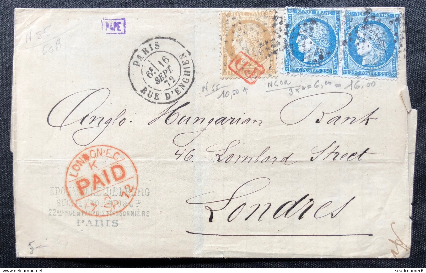 1871- 1875 Céres N°60 X2 59 Sur Lettre De Paris Pour Londres TTB - 1871-1875 Ceres