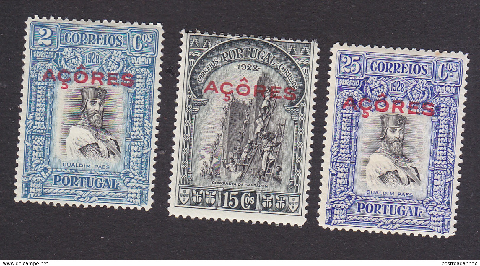 Azores, Scott #284, 289, 291, Mint Hinged, Third Independence Overprinted, Issued 1928 - Azores