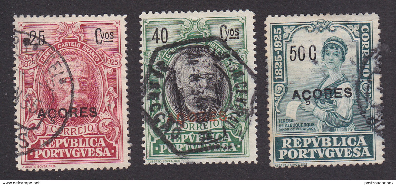 Azores, Scott #244, 246, 248, Used, Centenary Of Birth Of Castello-Branco Overprinted, Issued 1925 - Açores