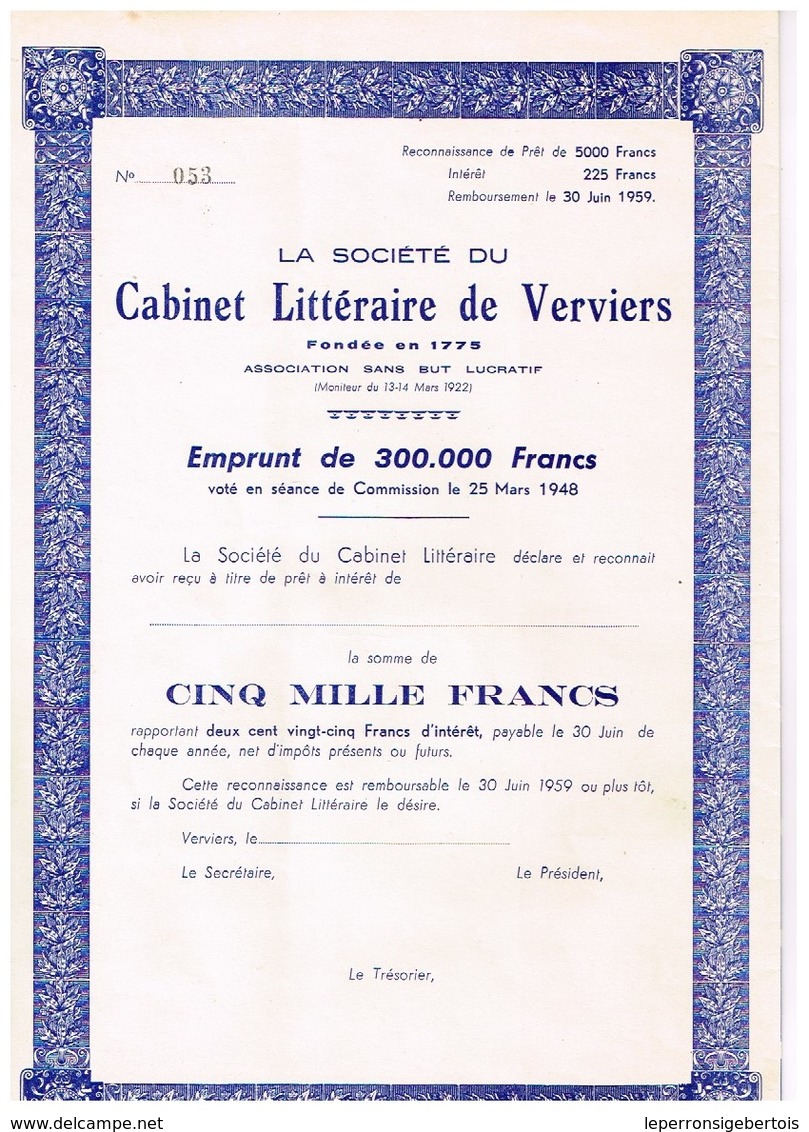 Obligation Uncirculed - La Société Du Cabinet Littéraire De Verviers - Titre De 1948 - Cinéma & Théatre