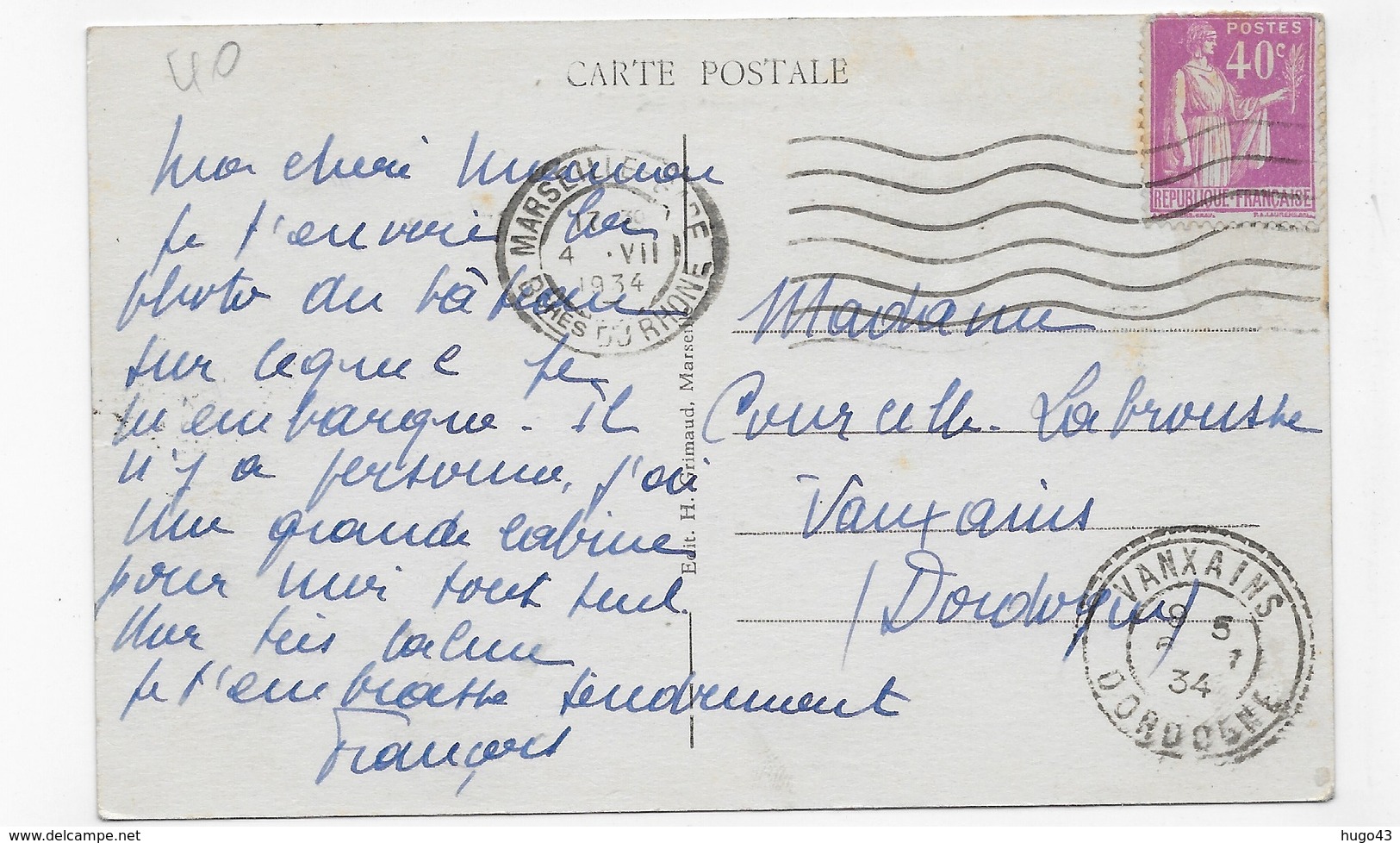 (RECTO / VERSO) PAQUEBOT POSTE  S/S DJENNE EN 1934 - Cie PAQUET - CPA VOYAGEE - 75 - Paquebots