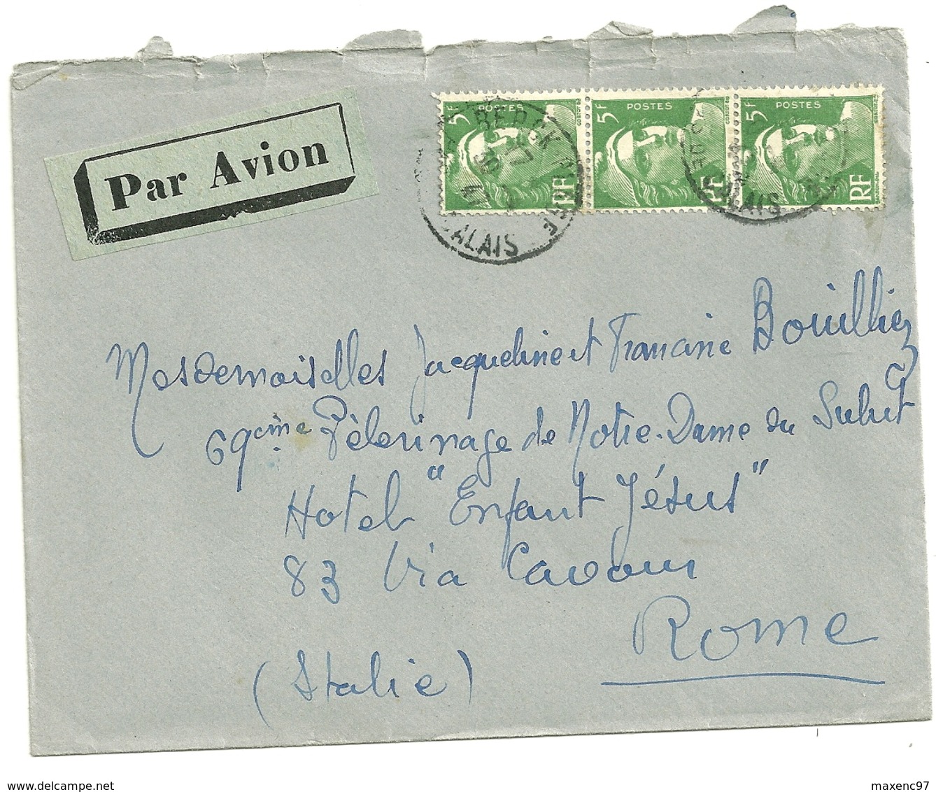 LETTRE PAR AVION POUR L'ETRANGER ITALIE AVEC 3 MARIANNE DE GANDON 5F VERT - 1921-1960: Periodo Moderno