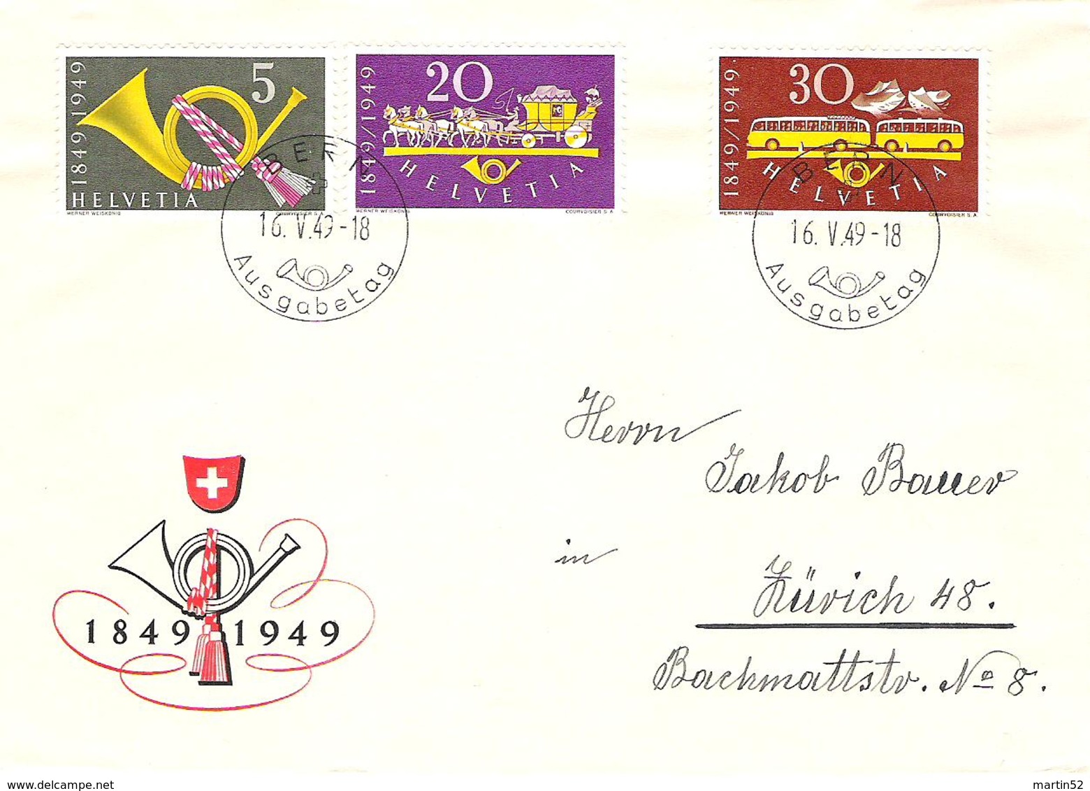 Schweiz Suisse 1949: 100 Jahre Post Zu 291-293 Mi 519-521 Yv 471-473 O "BERN 16.V.1949 Ausgabetag" (Zumstein CHF 70.00) - FDC
