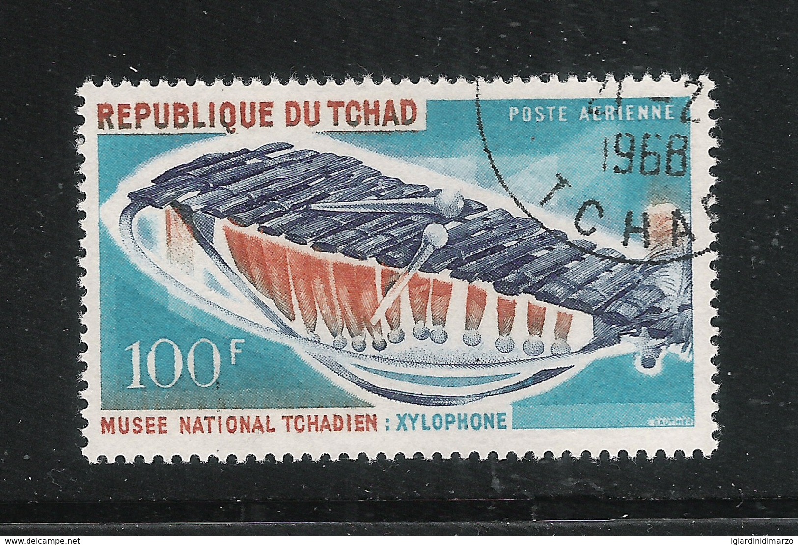 REPUBLIQUE DU TCHAD -1965 - Valore Obliterato Da 100 F. Di P.A. - MUSEO NAZIONALE- STRUMENTI MUSICALI - IN BUONE CONDIZ. - Ciad (1960-...)