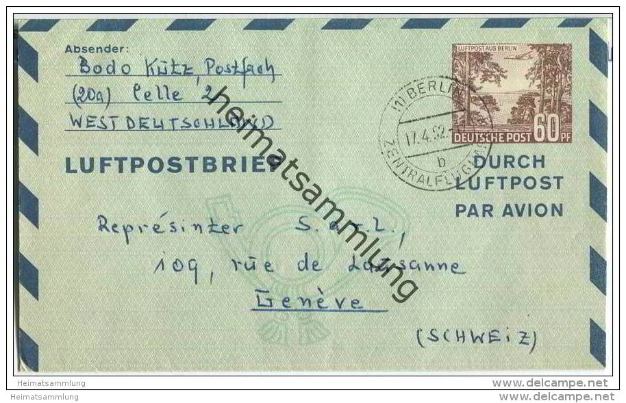 60 Pfg. Havellandschaft Mit Flugzeug - Luftpostleichtbrief Berlin - Gelaufen 17-04-1952 Nach Genf - Postkaarten - Gebruikt