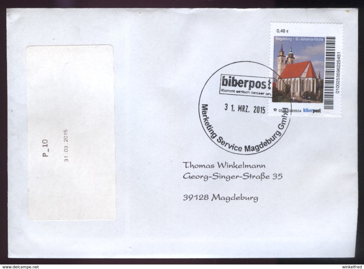 Biber Post, Gelaufener FDC 0,48 € Johanniskirche Magdeburg  V. 31.03.2015 #1507 - Privées & Locales