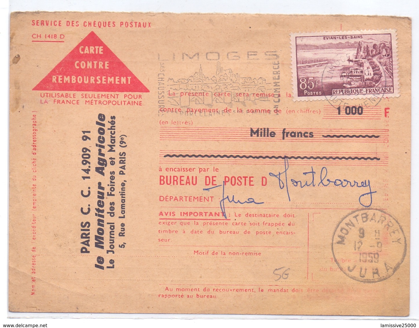 France Carte Contre Remboursement De Limoges Haute Vienne Pour Montbarrey Jura - Postal Rates