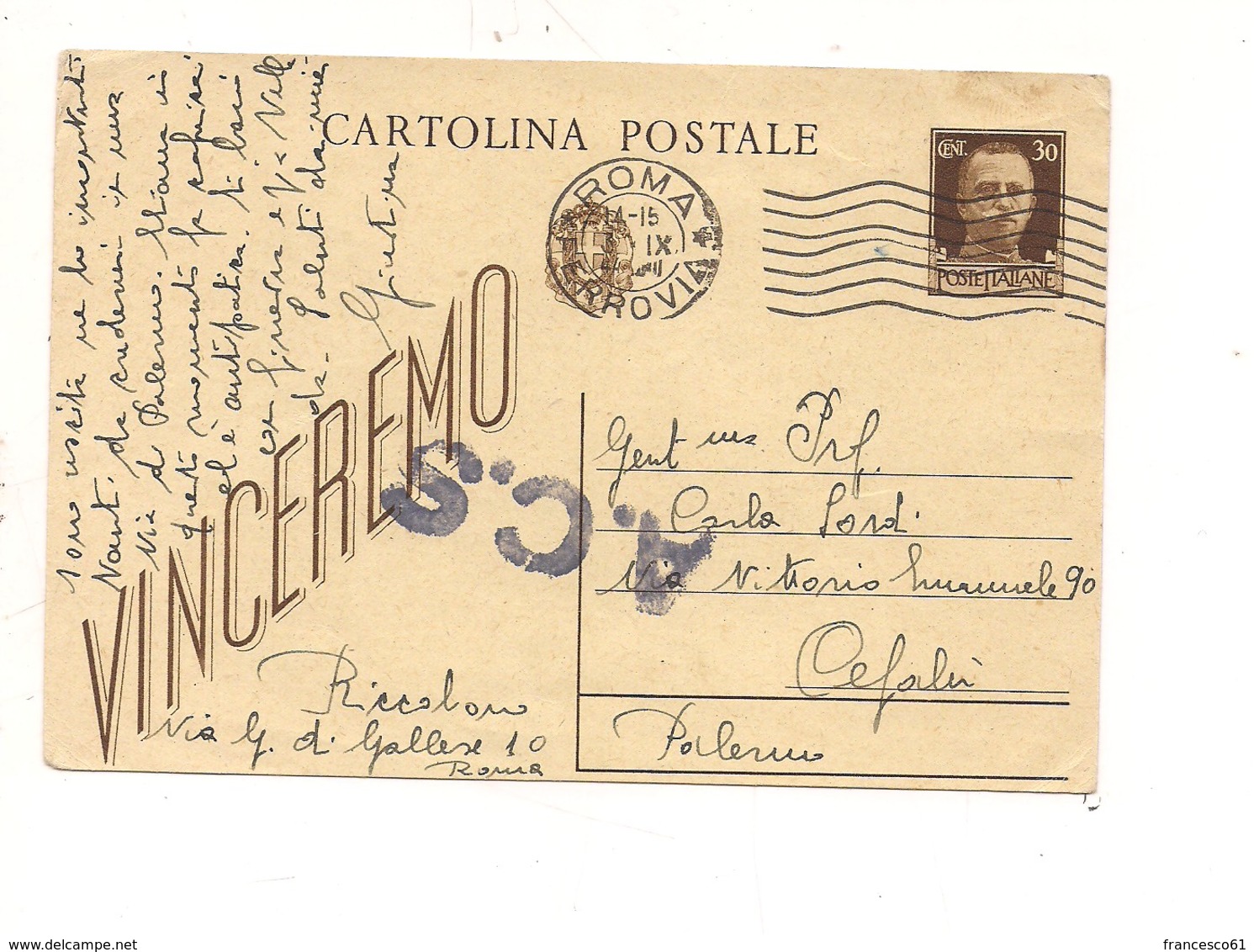 $3-5742 Intero Postale 3-9-1944 Roma Sicilia ACS Censura AMGOT - Stamped Stationery