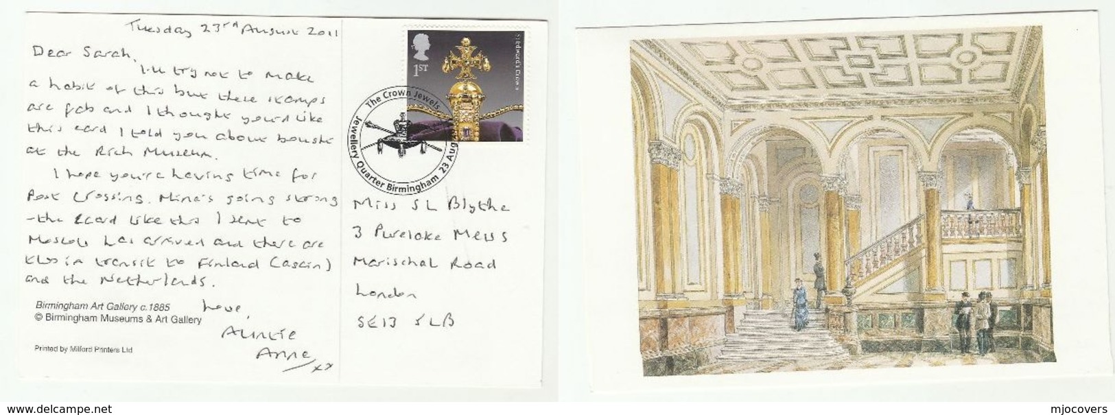 2011 FDC ST EDWARD CROWN Stamps (Museum Postcard) SPECIAL Birmingham  JEWELLERY QUARTER Pmk Cover Gb - 2011-2020 Decimal Issues