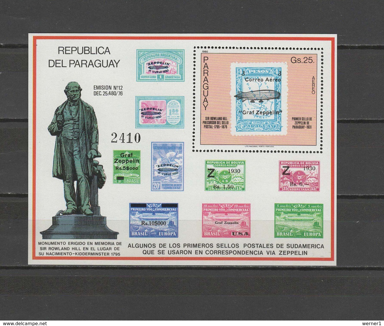 Paraguay 1980 Rowland Hill Death Centenary, Stamp On Stamp, Zepelin S/s MNH - Rowland Hill