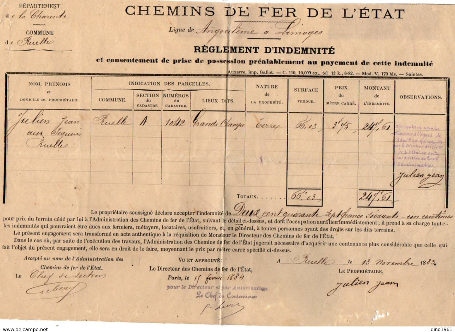 VP12.577 - Commune De RUELLE 1883 - Chemins De Fer De L'Etat Ligne ANGOULEME à LIMOGES - Réglement D'Indemnité - Chemin De Fer