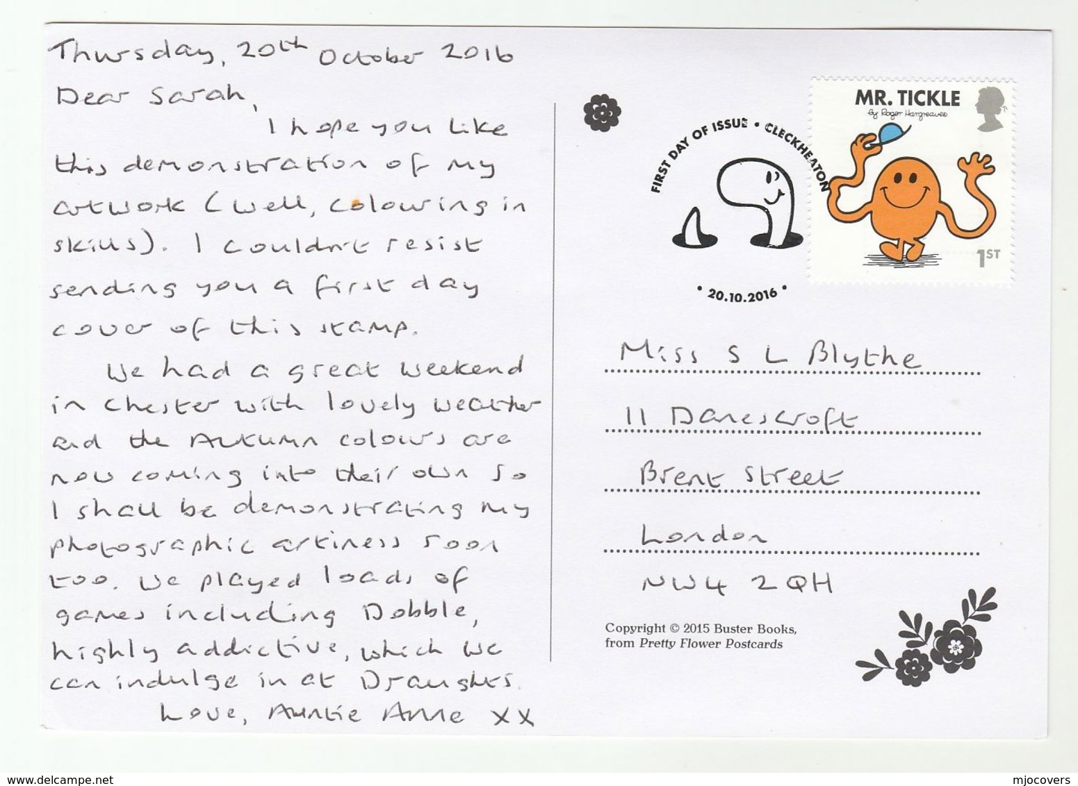 2016 FDC MR TICKLE (postcard Buster Books Flowers) SPECIAL Cleckheaton WORM GB Pmk Cover Literature Cartoon Television - 2011-2020 Decimal Issues