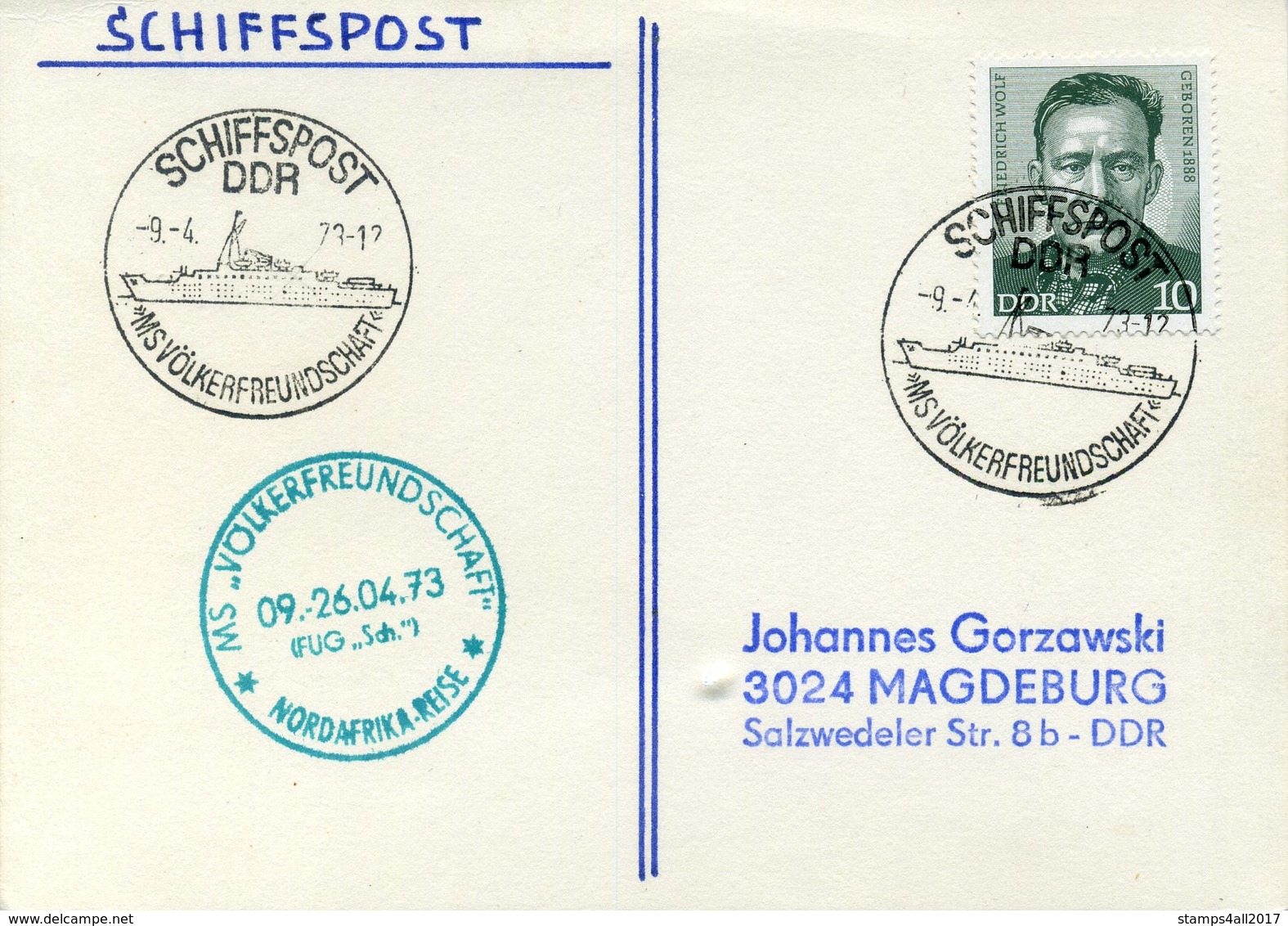 GERMANY (DDR) 1973. Card With Ship Post MS Völkerfreundschaft" (People's Frienship) And Nord Africa Sail Mark - Briefe U. Dokumente