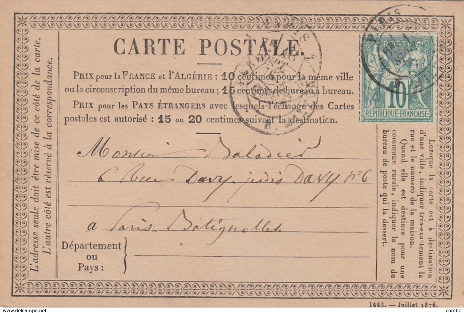 CARTE PRECURSEUR. 1876. SAGE 10c. PARIS POUR BATIGNOLLES - 1849-1876: Période Classique