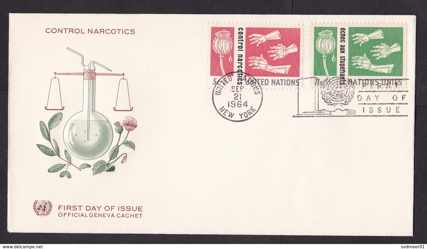 United Nations UN: FDC First Day Cover, 1964, 2 Stamps, Narcotics, Drugs, Opium, Poppy (traces Of Use) - Brieven En Documenten