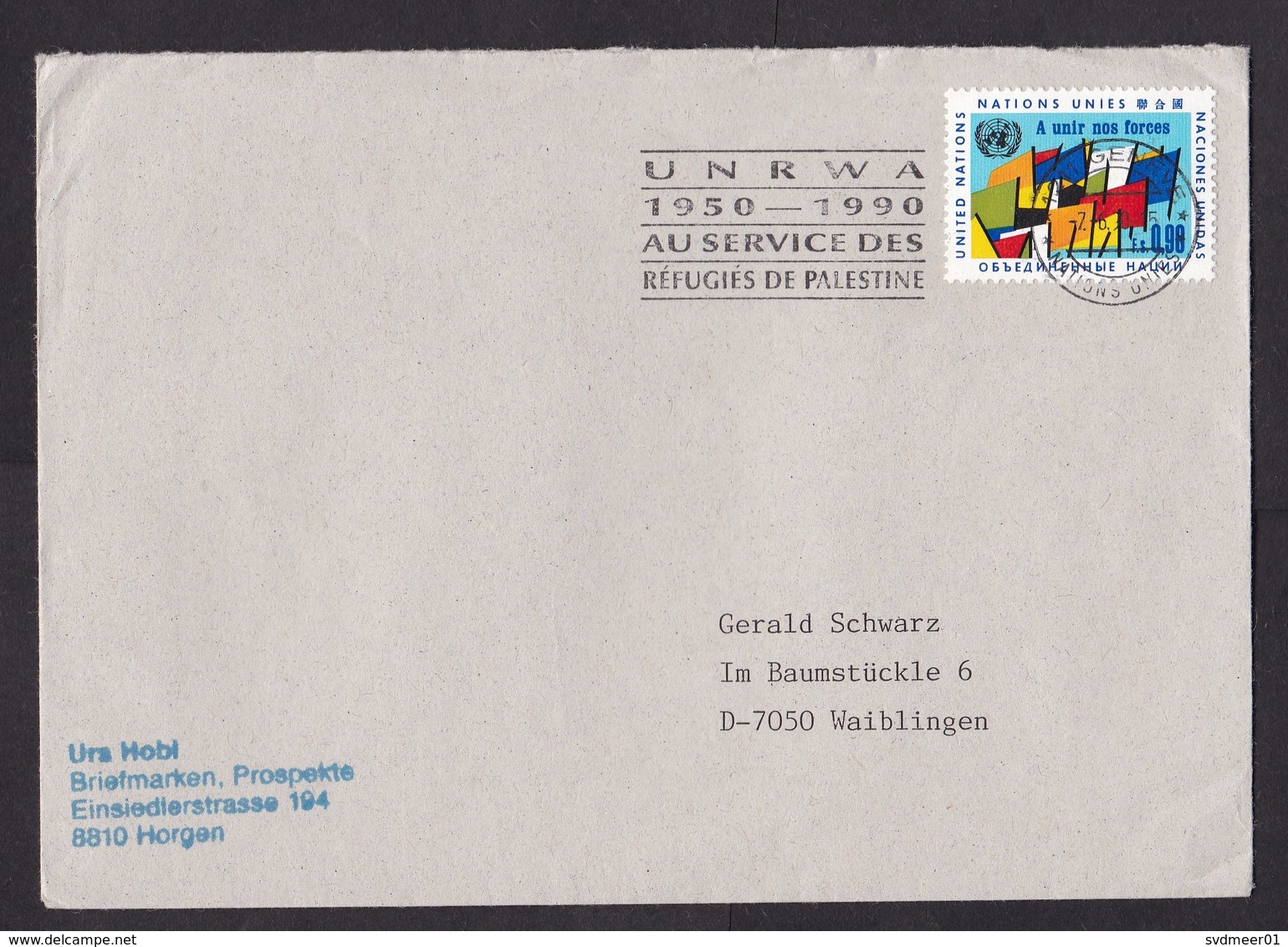 United Nations UN: Cover To Germany, 1990, 1 Stamp, Cancel UNRWA, Refugees Palestine, Palestinian, Rare (traces Of Use) - Brieven En Documenten