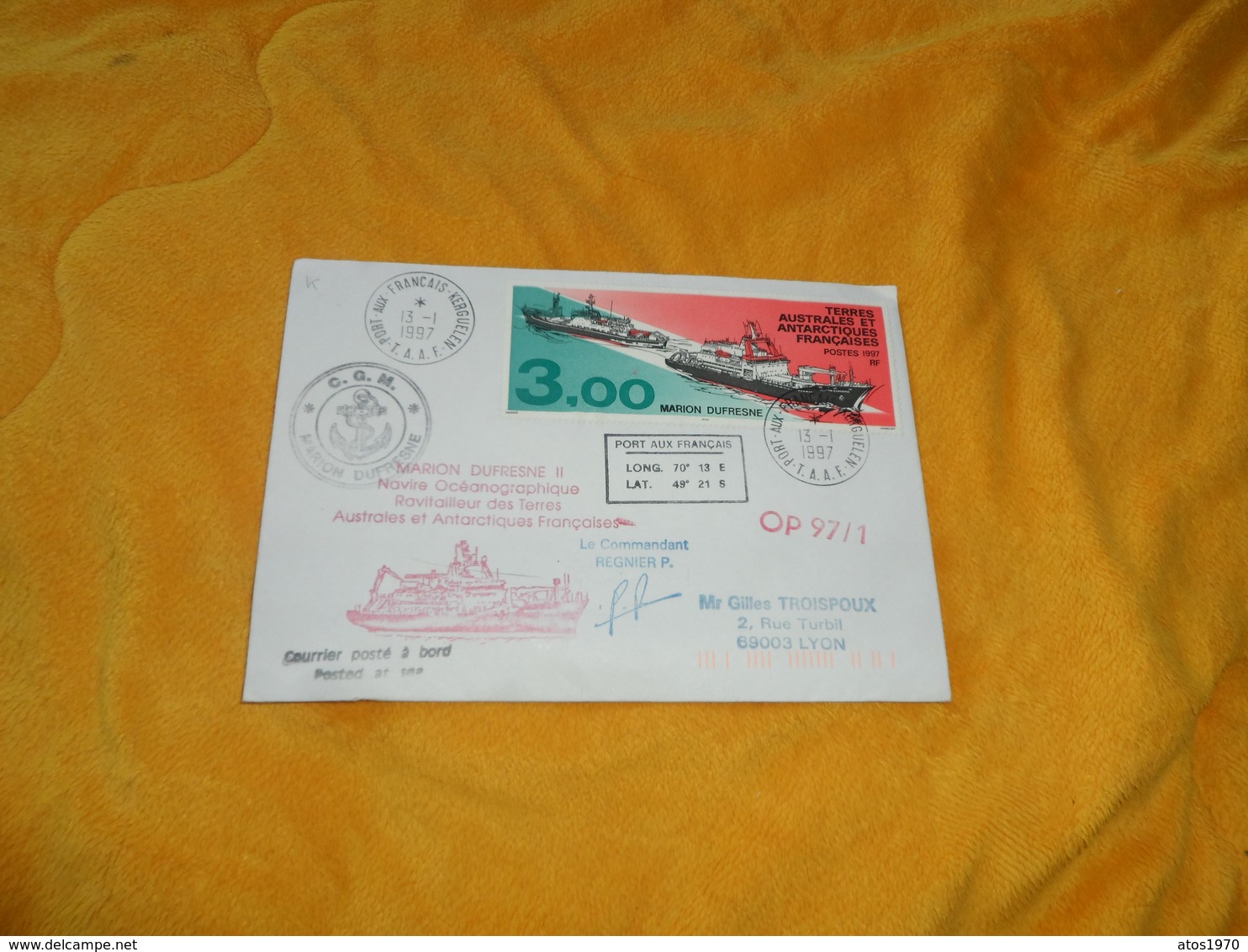 ENVELOPPE. DE 1997. T.A.A.F. / MARION DUFRESNE NAVIRE OCEANOGRAPHIQUE... / CACHETS PORT AUX FRANCAIS KERGUELEN. + TIMBRE - Used Stamps