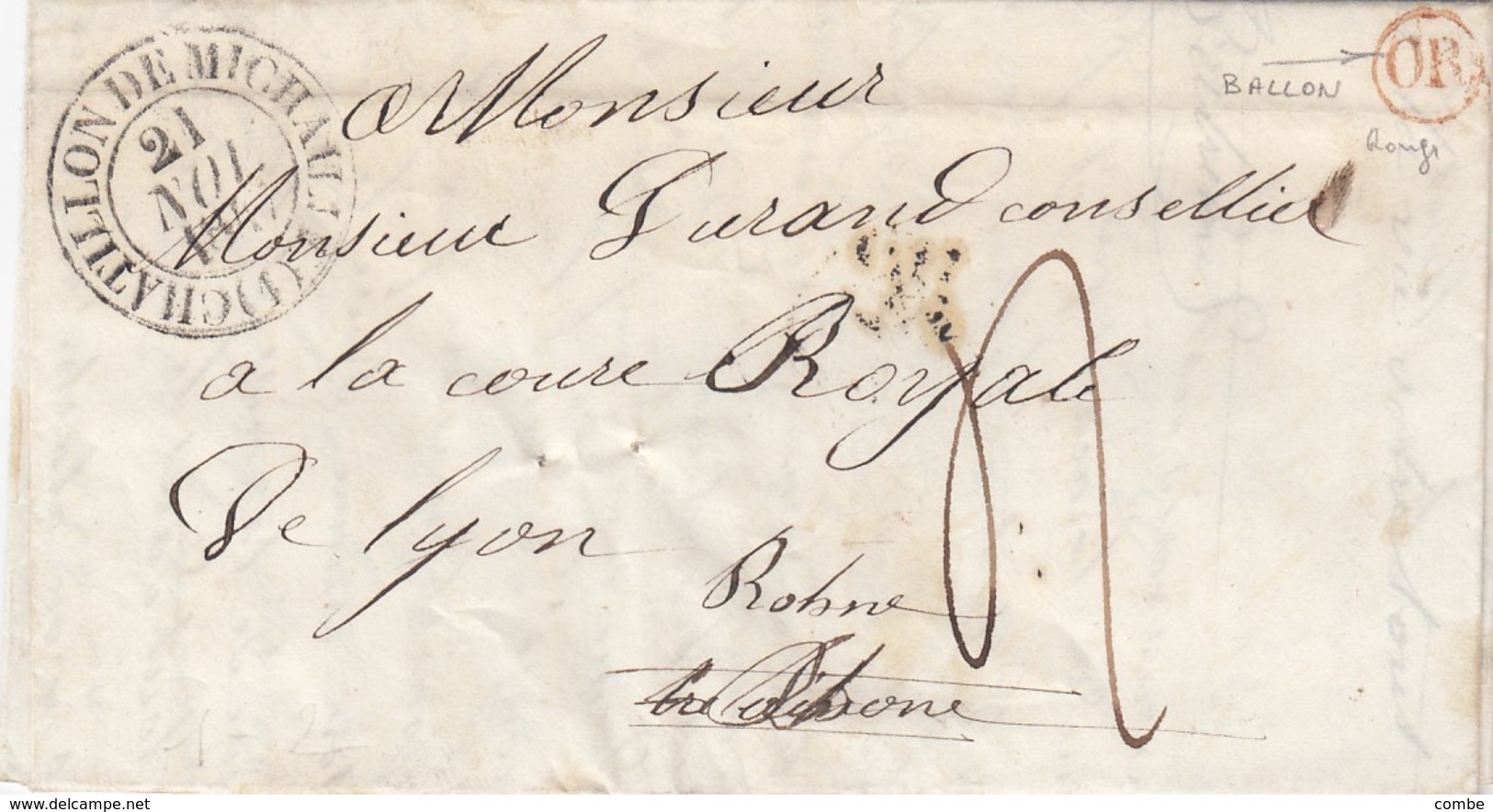 LETTRE . 21 NOV 47. AIN CHATILLON-DE-MICHAILLE. ORIGINE RURALE ROUGE  OR  =  BALLON - 1801-1848: Précurseurs XIX