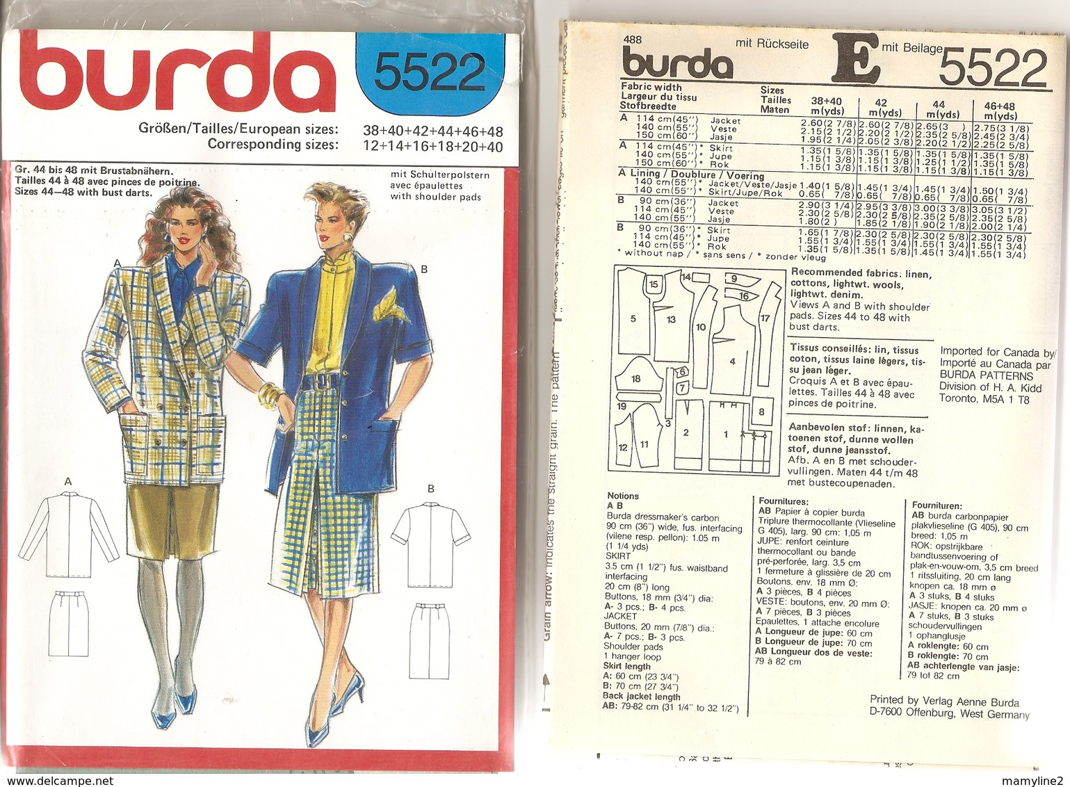 00 Patron BURDA Tailleur Veste Avec épaulettes Et Jupe Pli Creux Devant - Vintage - Autres & Non Classés