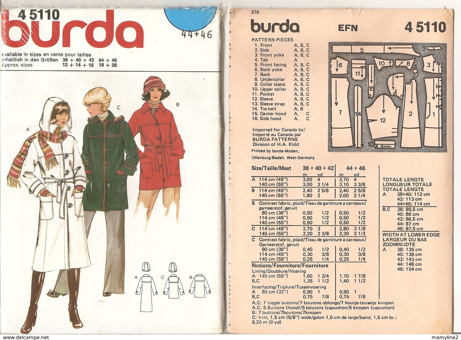 00 Patron BURDA Manteau à Capuche Style Duffle Coat   - Vintage - Autres & Non Classés