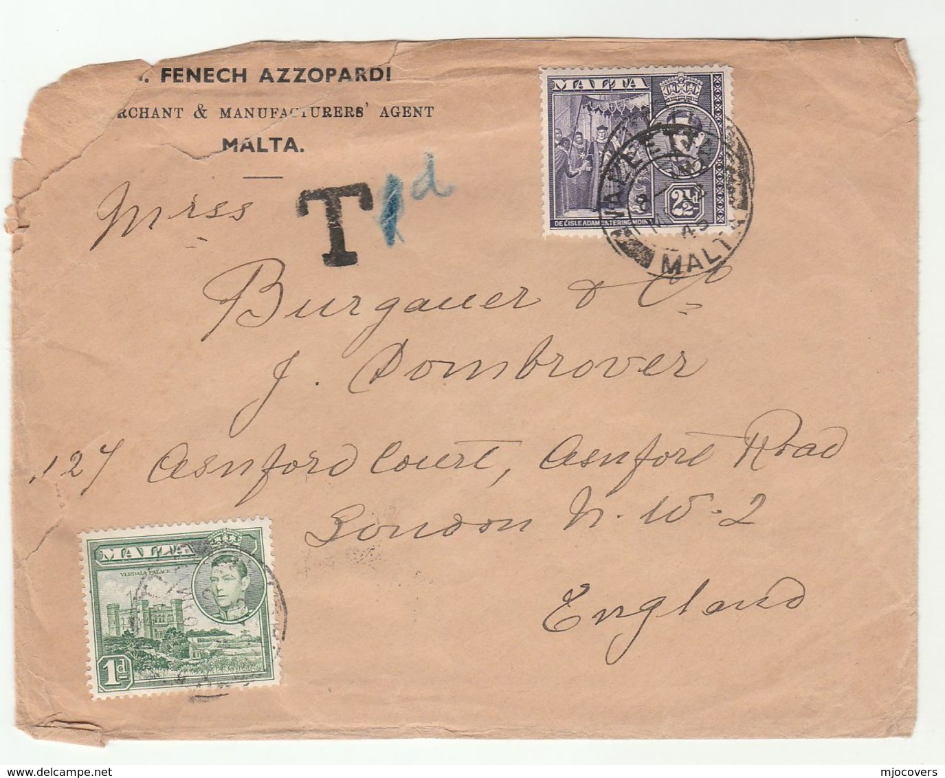 1945 MALTA Cover TAX  'T 1d'  UNDERAPAID POST DUE To GB Stamps - Malte