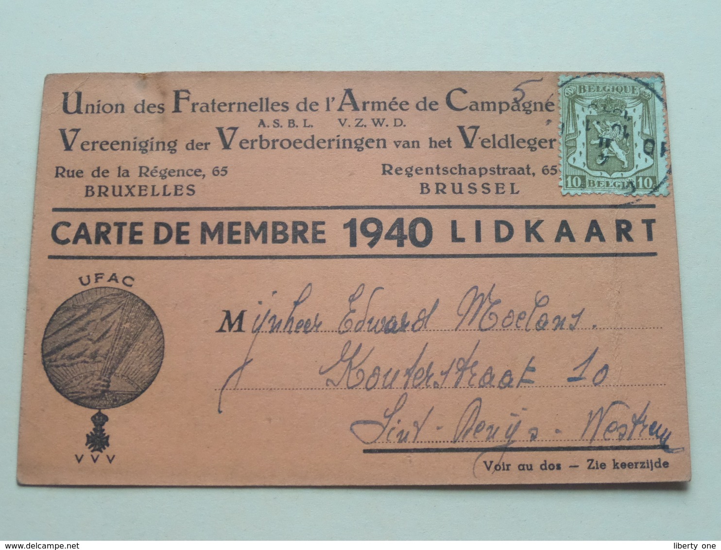 Lidkaart 1940 Carte De Membre VEREENIGING Der VERBROEDERINGEN Van Het VELDLEGER / Fraternelles De L'Armée De Campagne ! - Dokumente