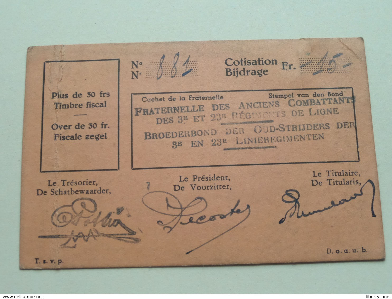 Lidkaart 1940 Carte De Membre VEREENIGING Der VERBROEDERINGEN Van Het VELDLEGER / Fraternelles De L'Armée De Campagne ! - Documents