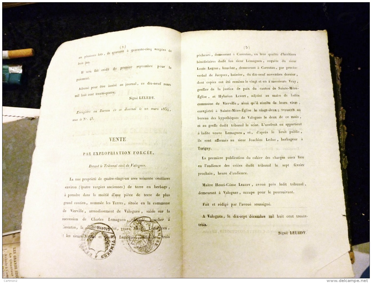 JOURNAL D'ANNONCES GENERALES VALOGNES 1834 LELEDY SAINTE-MERE-L'EGLISE HYLARION LEVERT VIERVILLE TORIGNY EXPROPRIATION - Décrets & Lois