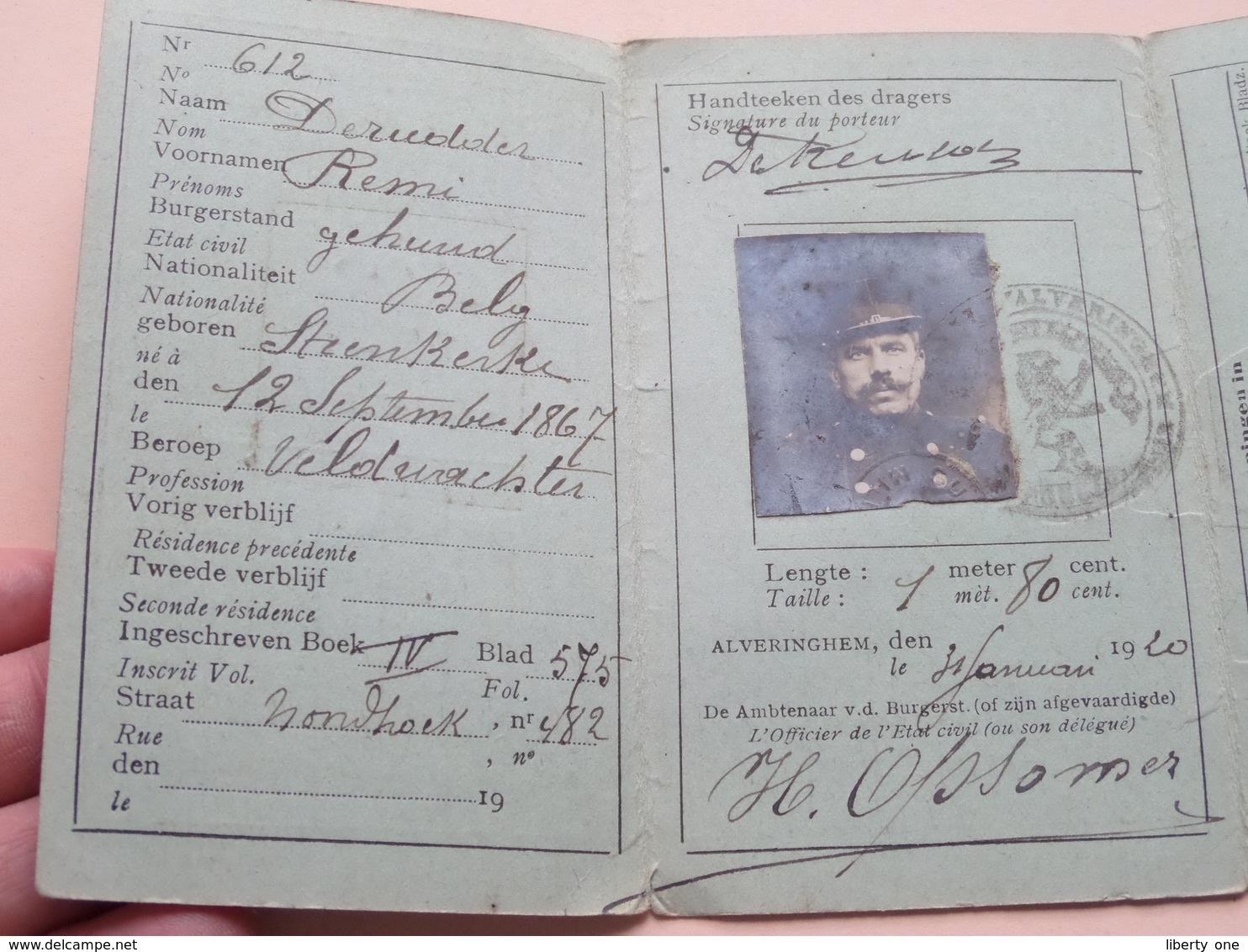 Kaart Van EENZELVIGHEID / Carte D'IDENTITé ( ALVERINGHEM N° 612 Derudder Steenkerke 12/9/1867 ) Anno 1920 VELDWACHTER ! - Ohne Zuordnung