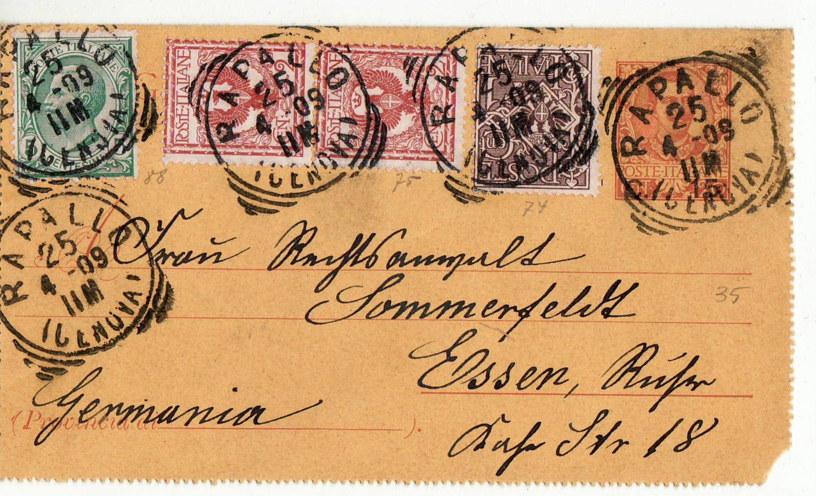 6721 GENOVA RAPALLO X ESSEN GERMANY 1909 - BIGLIETTO POSTALE CON AFFRANCATURA TRICOLORE - Interi Postali