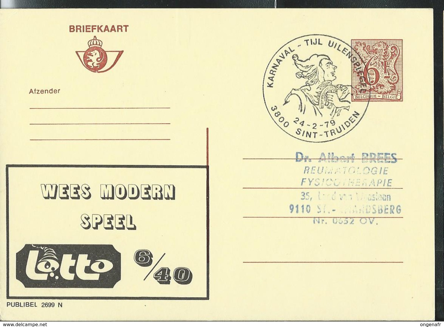 Publibel Obl. N° 2699  (Nationale Loterij) Obl. Sint- Truiden   24/02/79  Karnaval - Tijl Uilenspiegel - Publibels