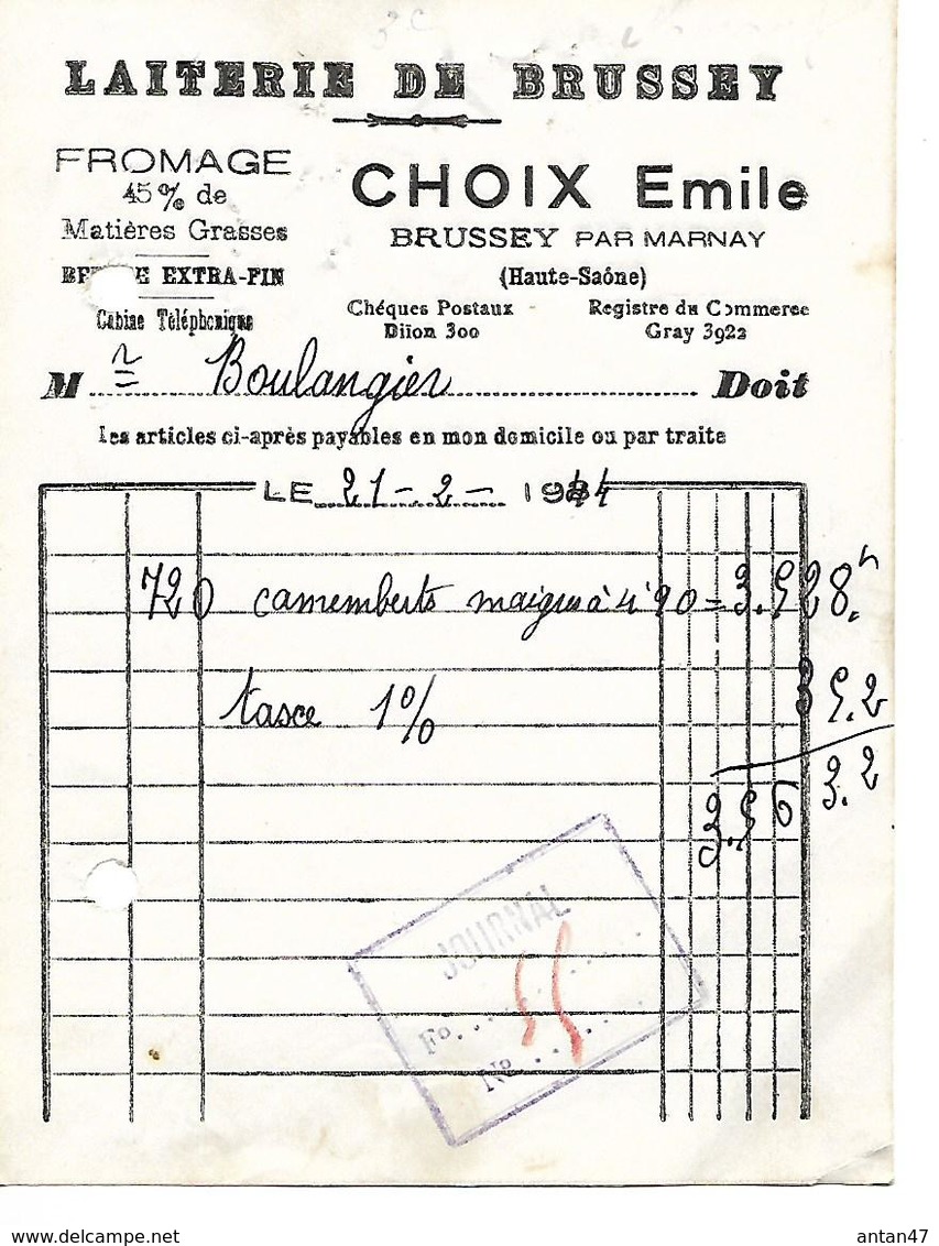 Facturette  / 70 HAUTE SAONE  / Laiterie De BRUSSEY / 1944 / CHOIX Emile / Fromage - 1900 – 1949