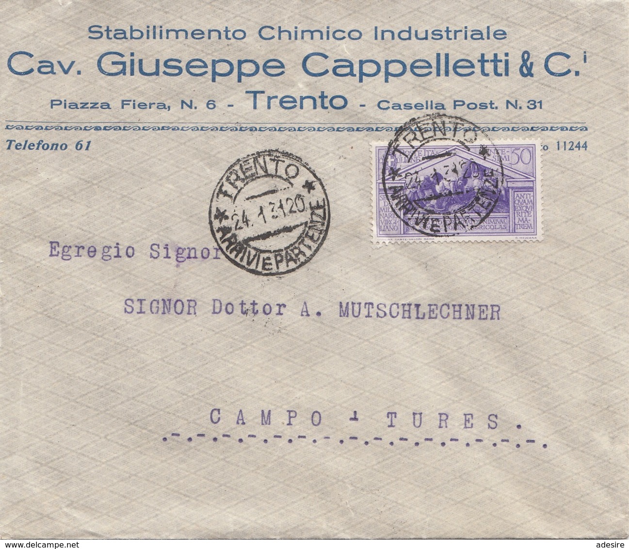 ITALIEN 1931 - 50 Centisimi Auf Firmenbrief CAV. GIUSEPPE CAPPELITTI &CO - Ganzsachen