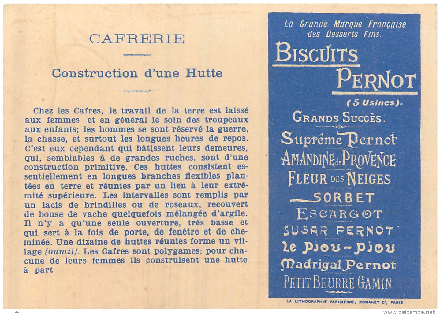 CHROMO BISCUITS PERNOT  CAFRERIE CONSTRUCTION D'UNE HUTTE - Pernot