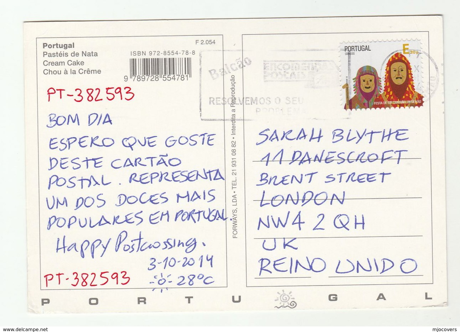 2014 PORTUGAL COVER St Estevau Festival Stamps (postcard)  To GB - Covers & Documents