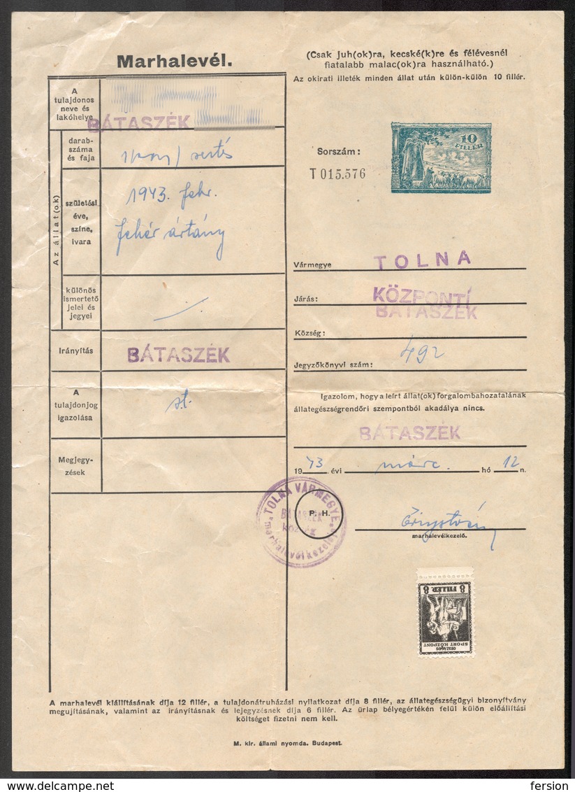 1943 Hungary - REVENUE Tax - Animal Passport / DOG Sheep Shepherd / Bátaszék + SPORT Charity Vignette Label Cinderella - Fiscaux