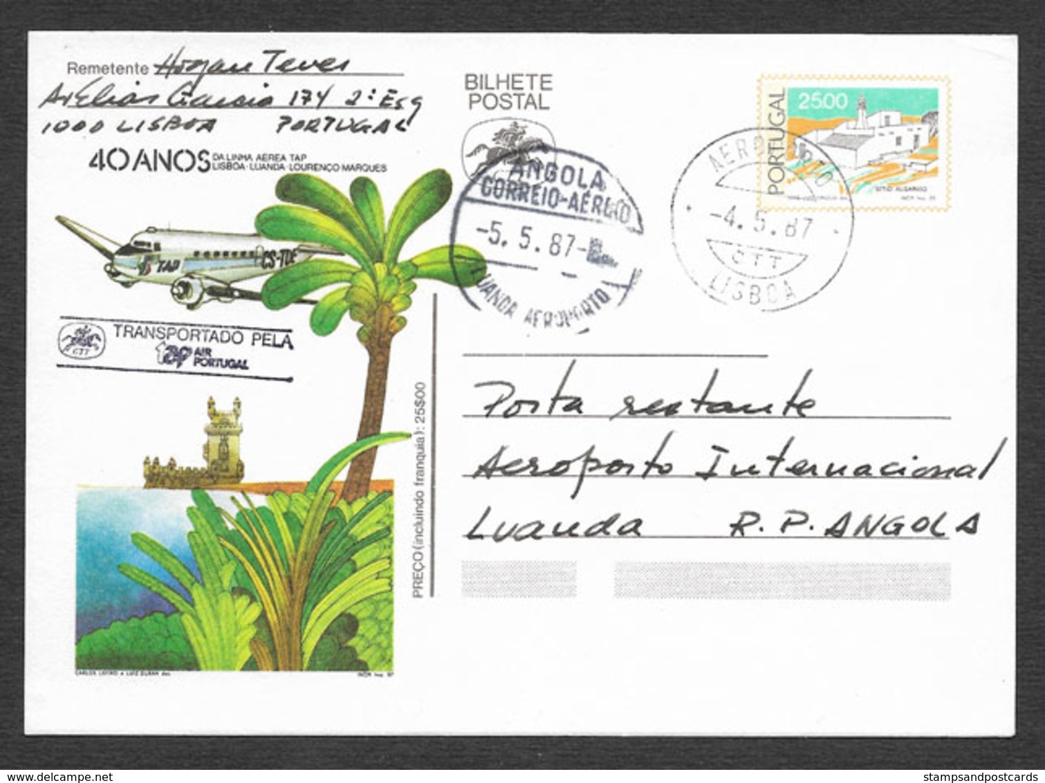 Portugal 1987 Entier Postal Vol TAP 40 Ans Ligne Angola Mozambique Moçambique Voyagé Luanda Airplane Flight Stationery - Lettres & Documents