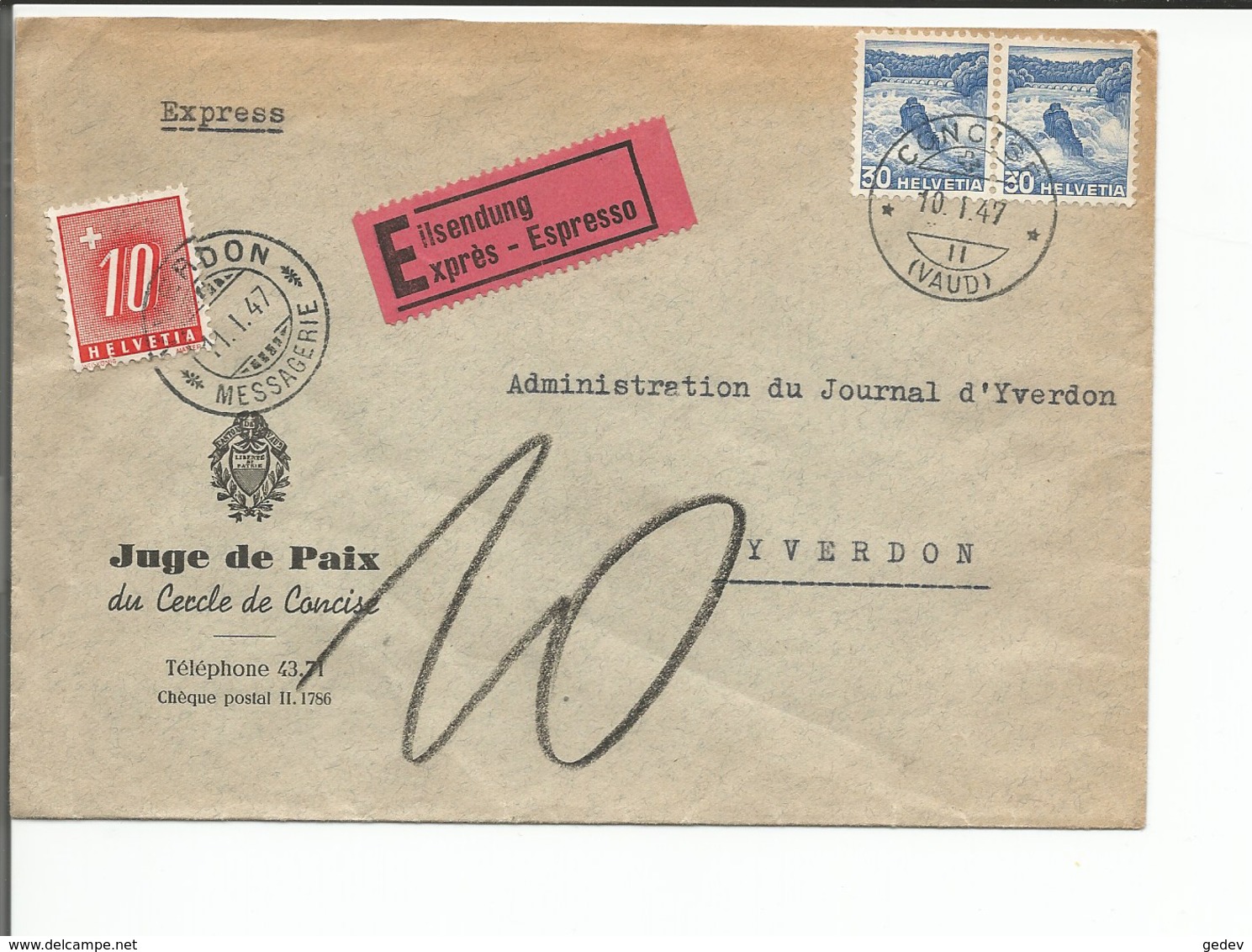 Lettre Exprès Suisse + Timbre Taxe, Concise - Yverdon (10.1.1947) - Autres & Non Classés