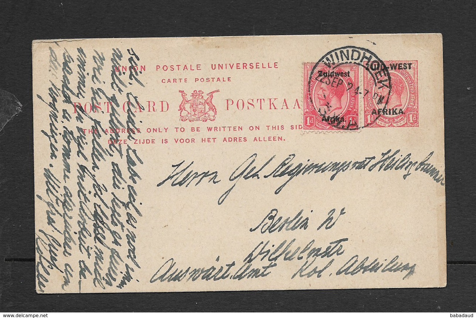 ZUID - WEST AFRIKA  Opt On 1d Post Card Of S.Africa + 1d Adhesive WINDHOEK 22 SEP 24 > Berlin - Südwestafrika (1923-1990)