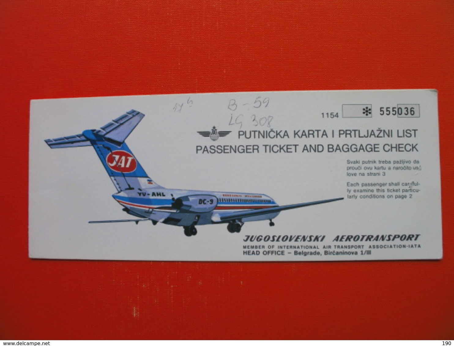 JAT.JUGOSLOVENSKI AEROTRANSPORT.PUTNICKA KARTA I PRTLJAZNI LIST.PASSENGER TICKET AND BAGGAGE CHECK - Otros & Sin Clasificación